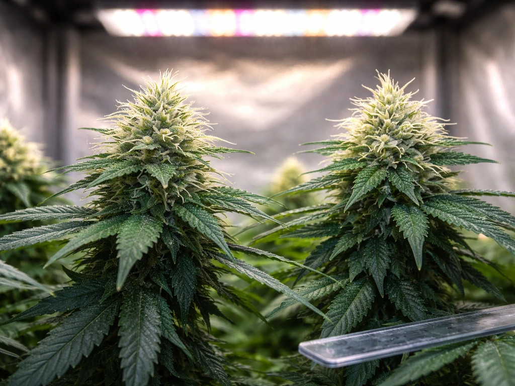 Close-up of cannabis cola tips bleached from nearby LED light, with a simple distance cue visible