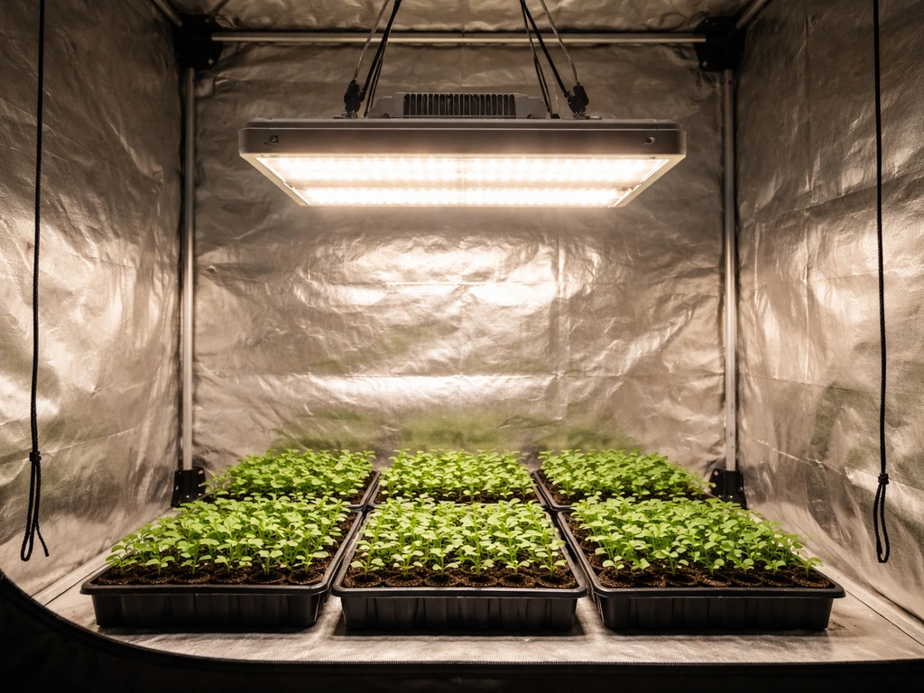LED grow light glowing inside a small grow tent, illuminating a canopy grid concept for 2x2–5x5.