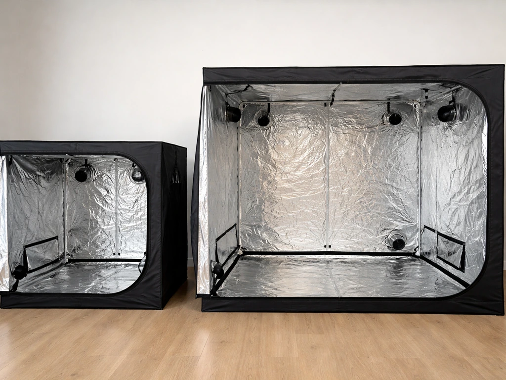 Two grow tent canopies side-by-side, showing different canopy coverage areas in a simple indoor setup.