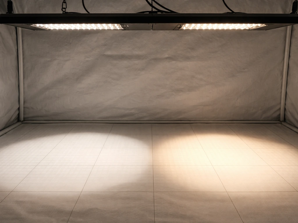 Close-up of LED grow light creating distinct illumination footprints over a simple tent floor grid.