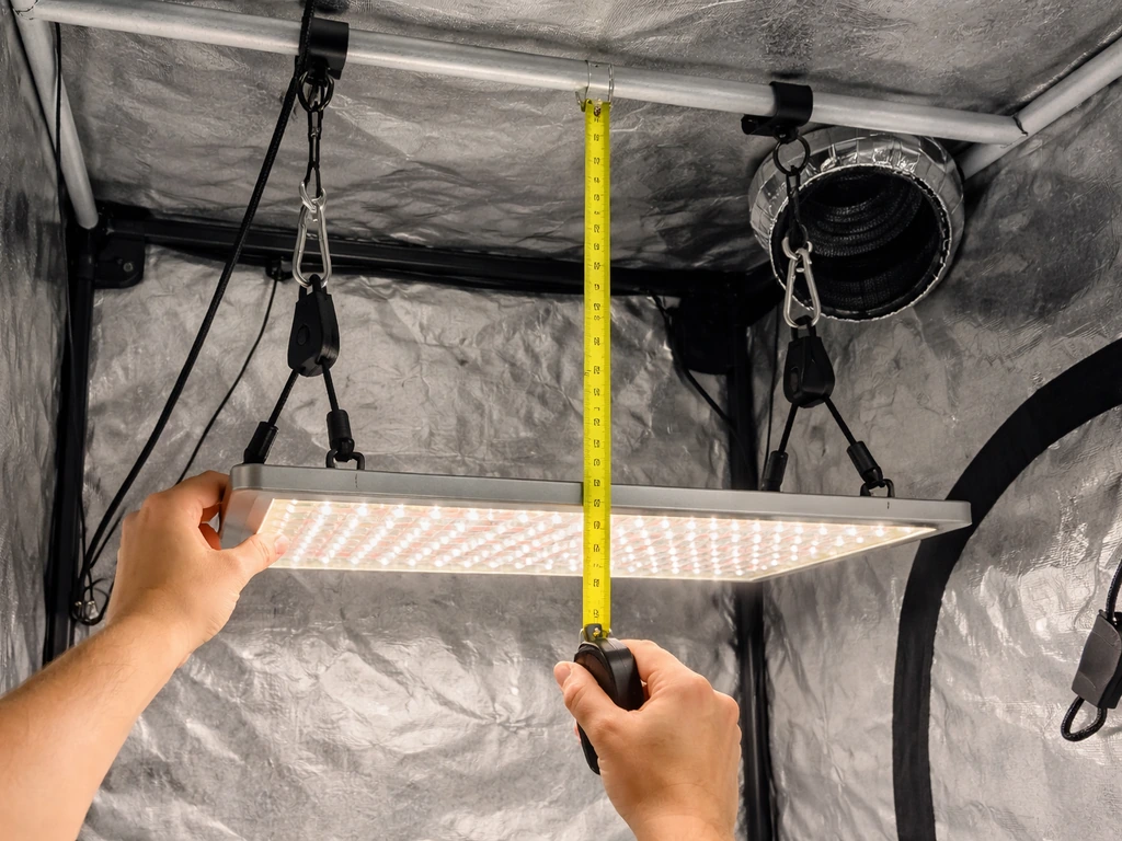 Person adjusting an LED panel’s hanging height over a grow tent using a tape measure