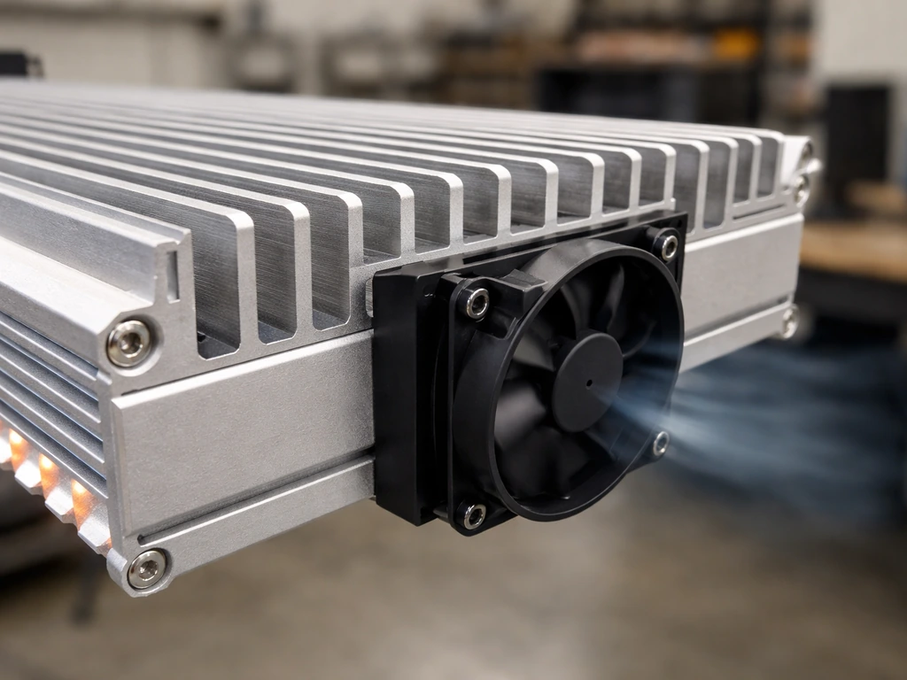 Close-up of an LED heatsink with a ducted inline fan blowing air for ventilation and heat control.