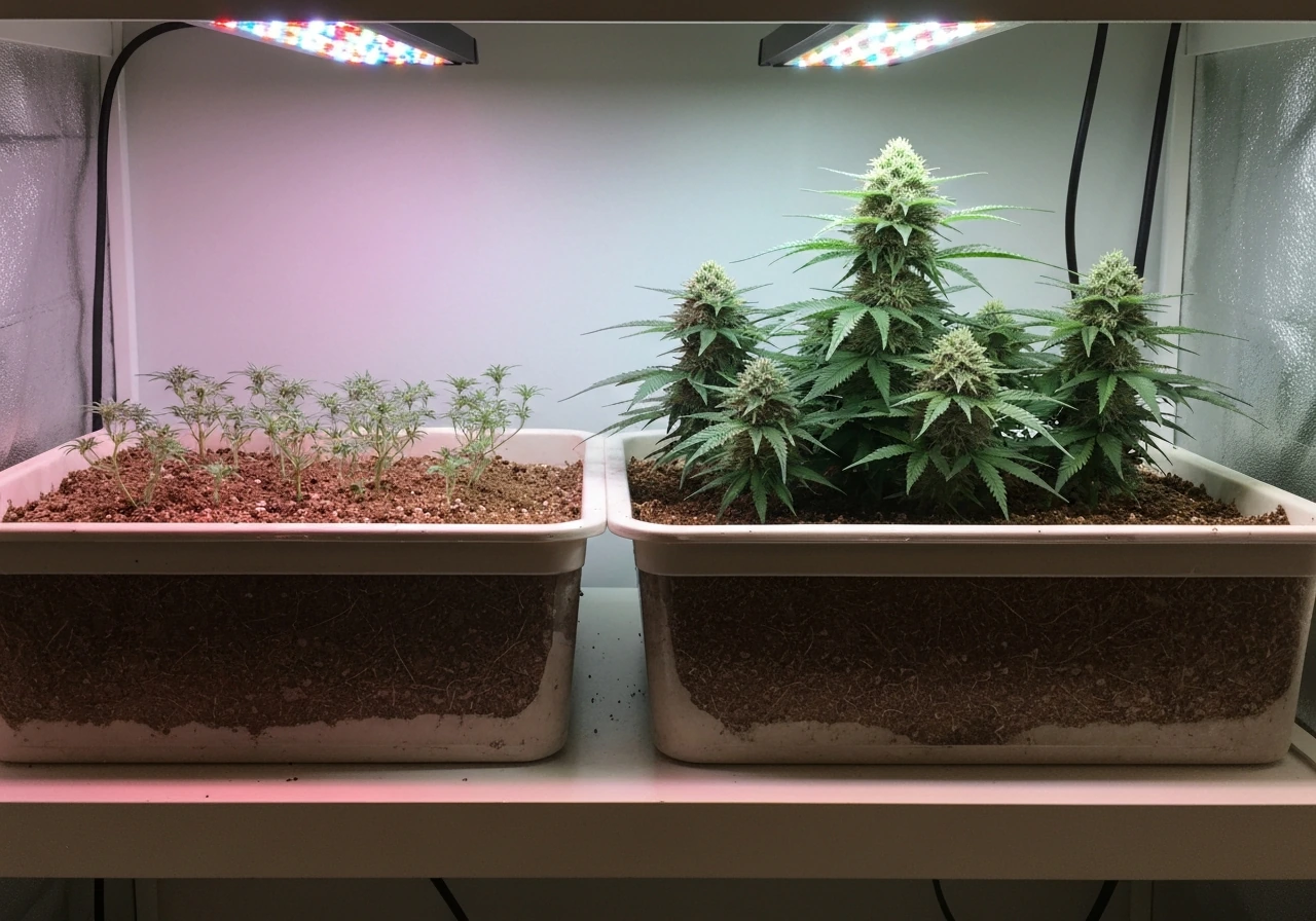 Two cannabis grow trays side by side showing veg vs flowering growth under different LED light colors.