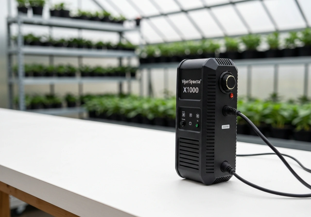 Compact LED grow light on a white workbench with a softly blurred greenhouse background.