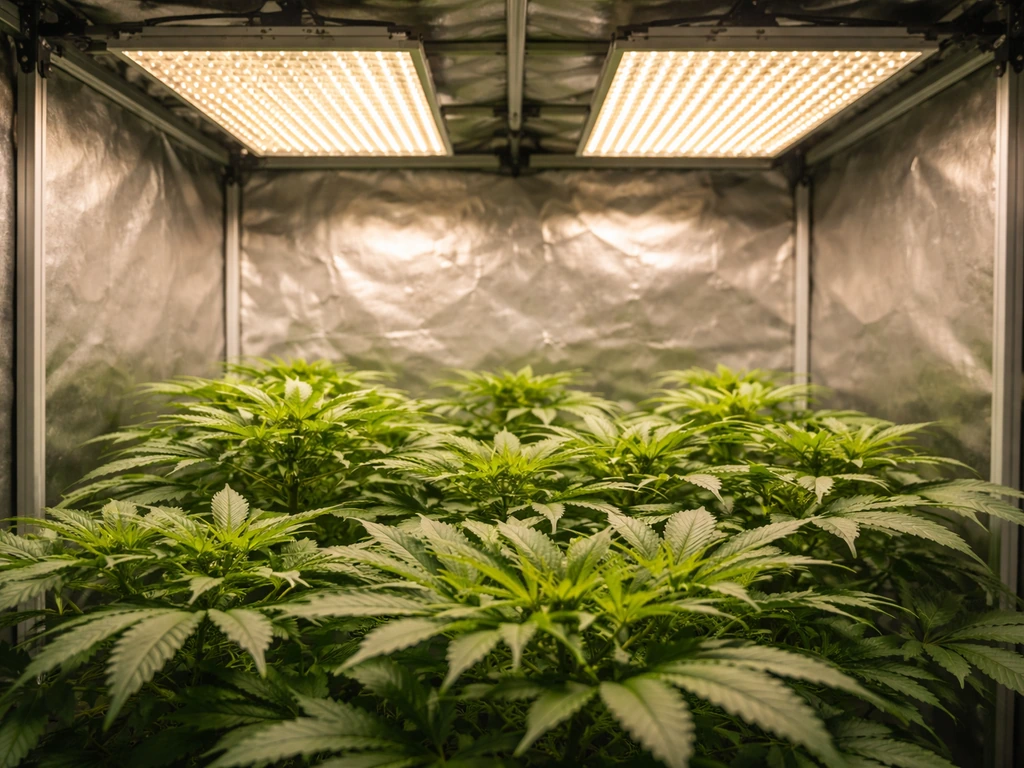 Indoor grow tent with ceiling-mounted LED grow lights illuminating healthy plants at canopy level.