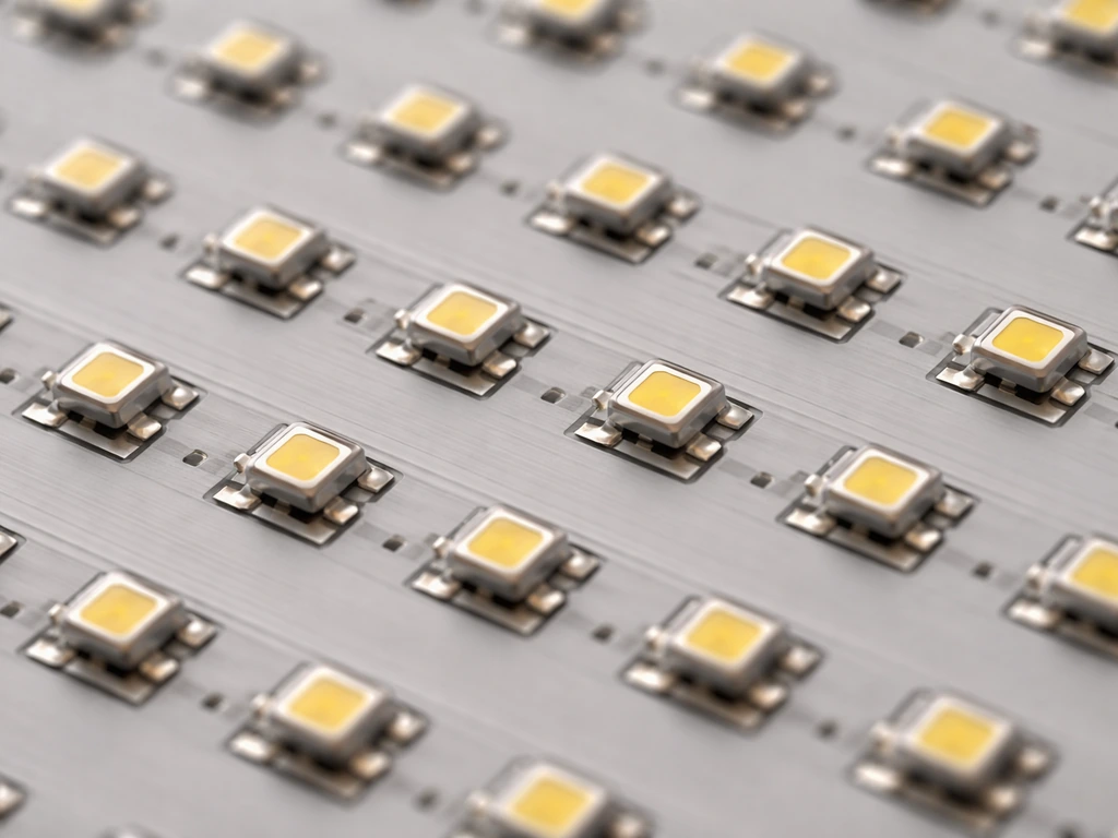 Top-down macro view of SMD LED diodes mounted in a neat grid on a PCB.