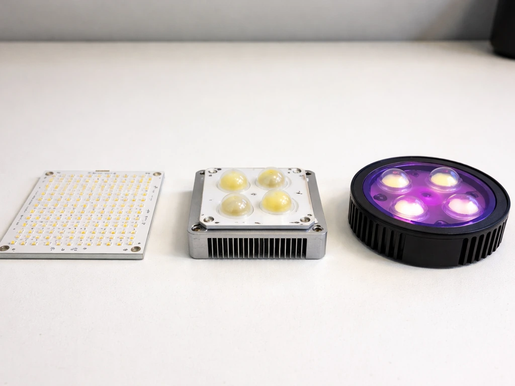 Row of three anonymous LED growlight samples: quantum board grid, COB domes on heatsink, and a blurple module.