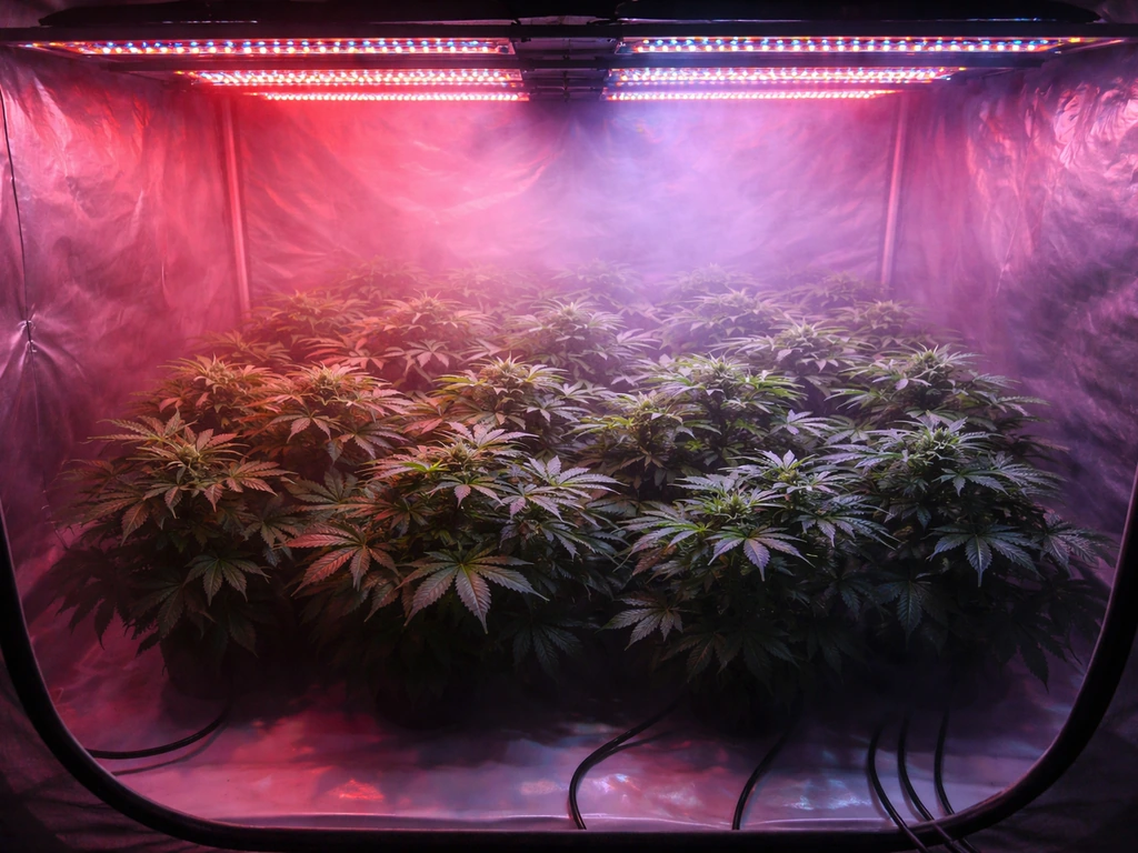 Top-down view of an LED grow tent canopy glowing with balanced red and blue light