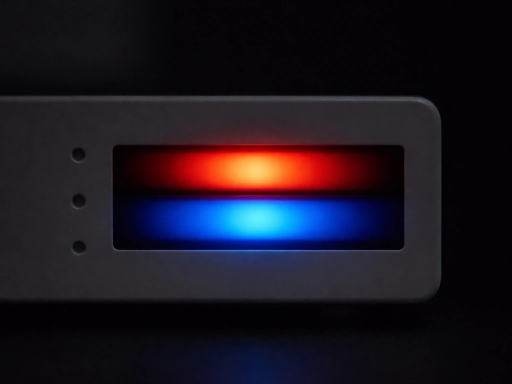 Close-up spectrum strip showing a glowing red band and a glowing blue band for red:blue ratio.