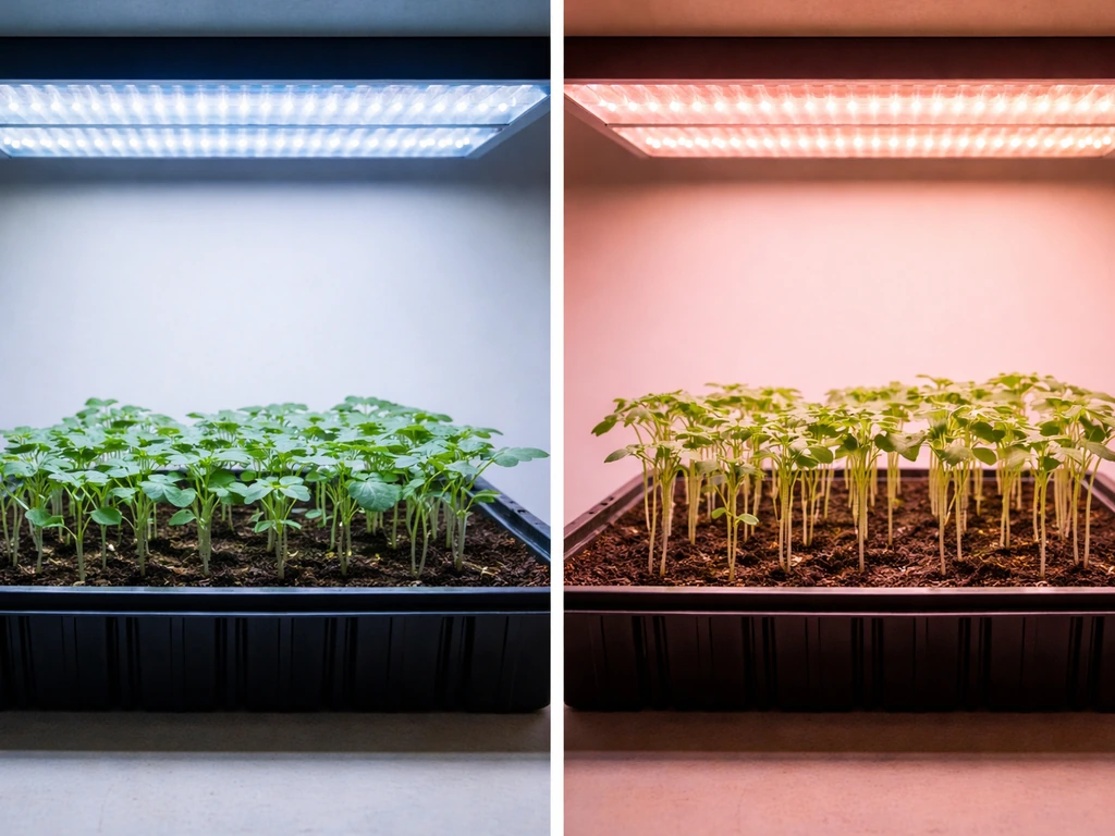 Two propagation trays side-by-side: blue light yields compact seedlings, red light yields leggier growth.