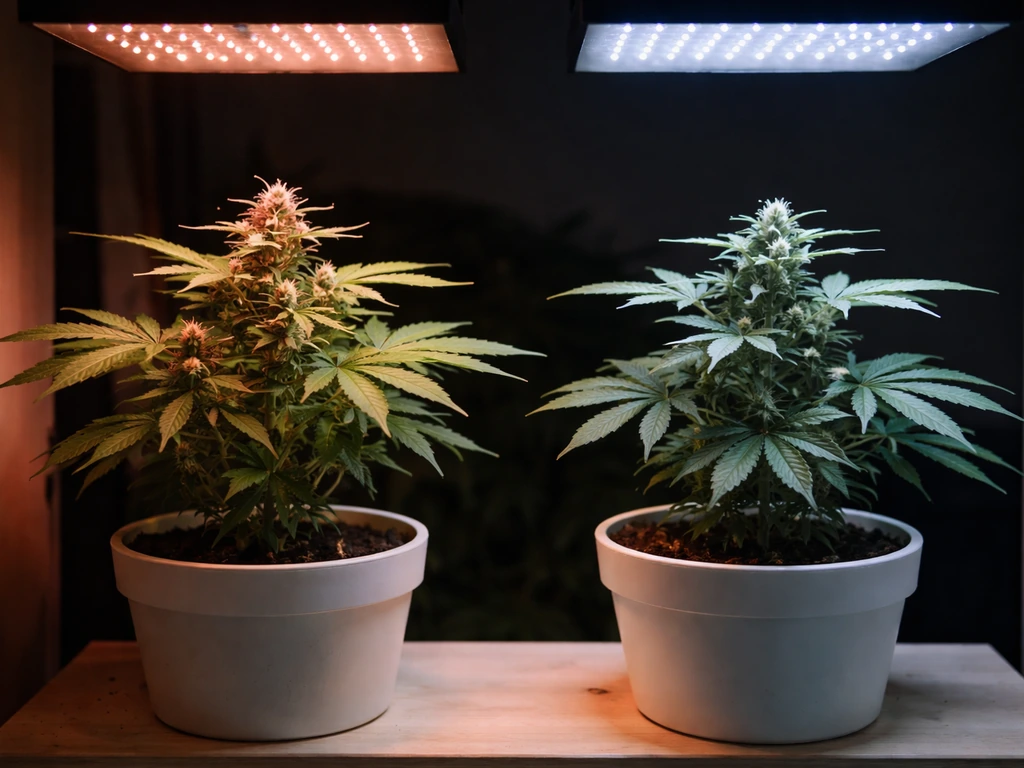 Two potted plants under different warm red vs cooler grow lighting, one with more buds/flowers.