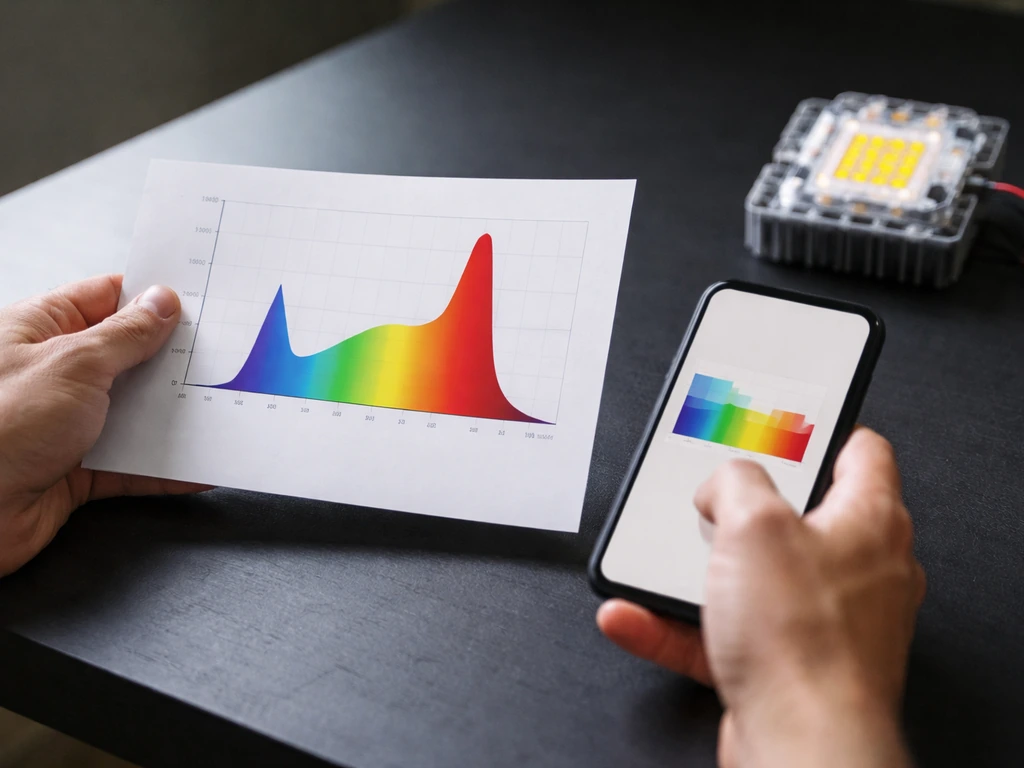 Hands reviewing a grow light spec sheet and a phone spectrum screen on a dark desk