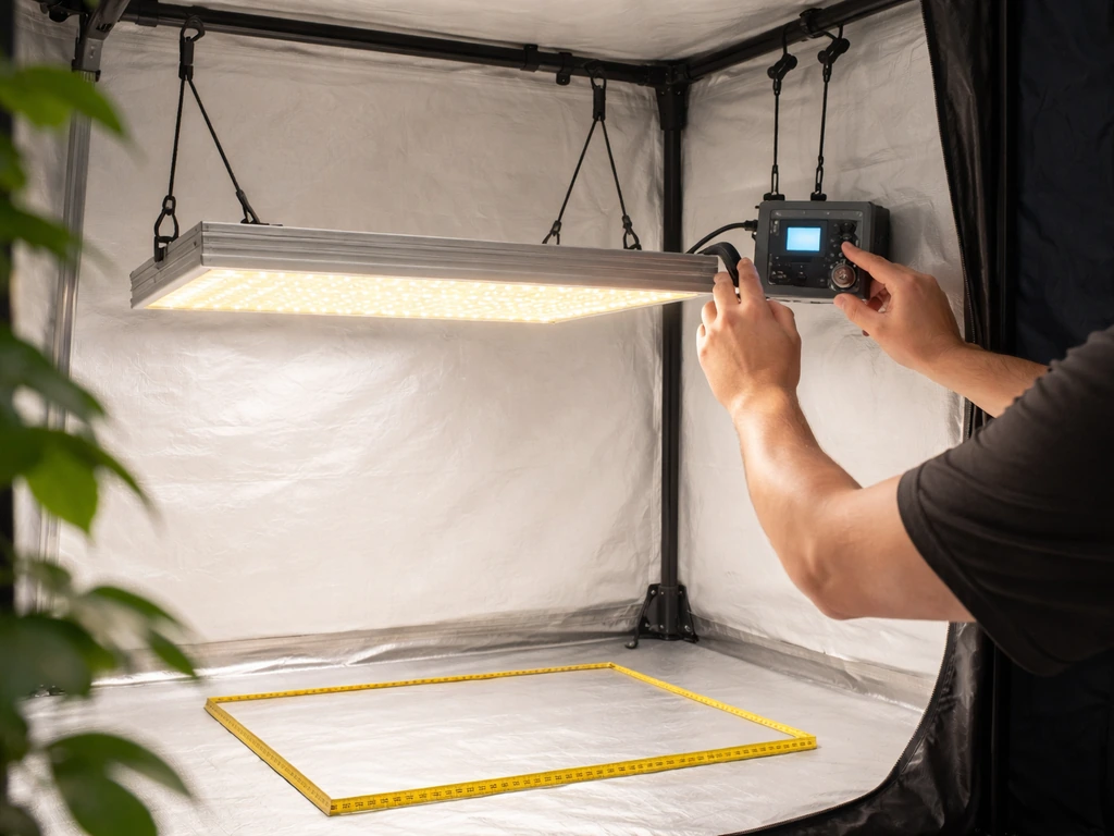 Hands adjust an LED grow light height and dimming controller inside a clean grow tent with a measured floor area.