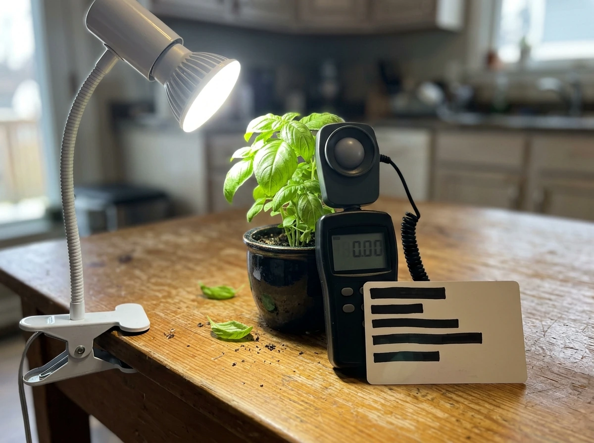 PPF and PPFD explanation using a simple chart printout next to a measuring light