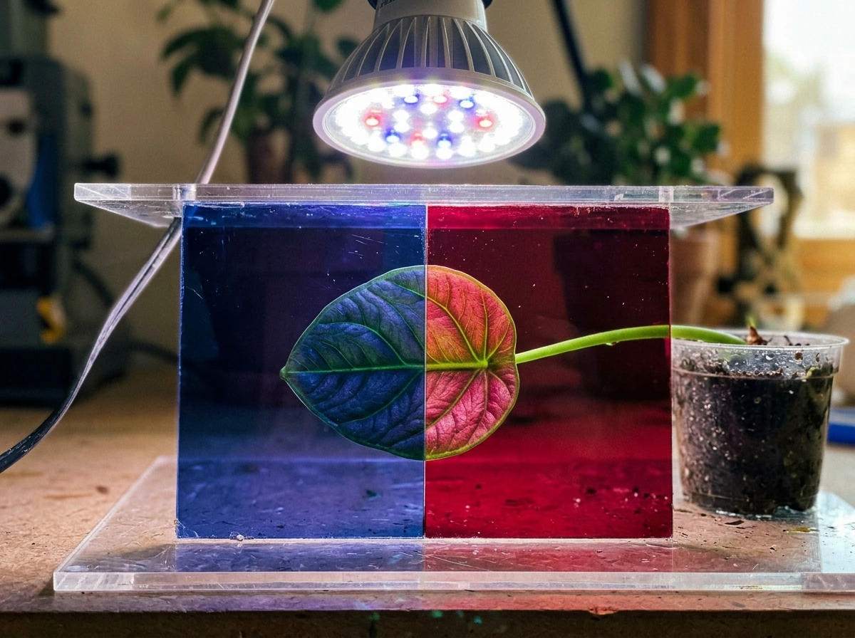 Close-up of grow bulb spectrum appearance through tinted grow acrylic