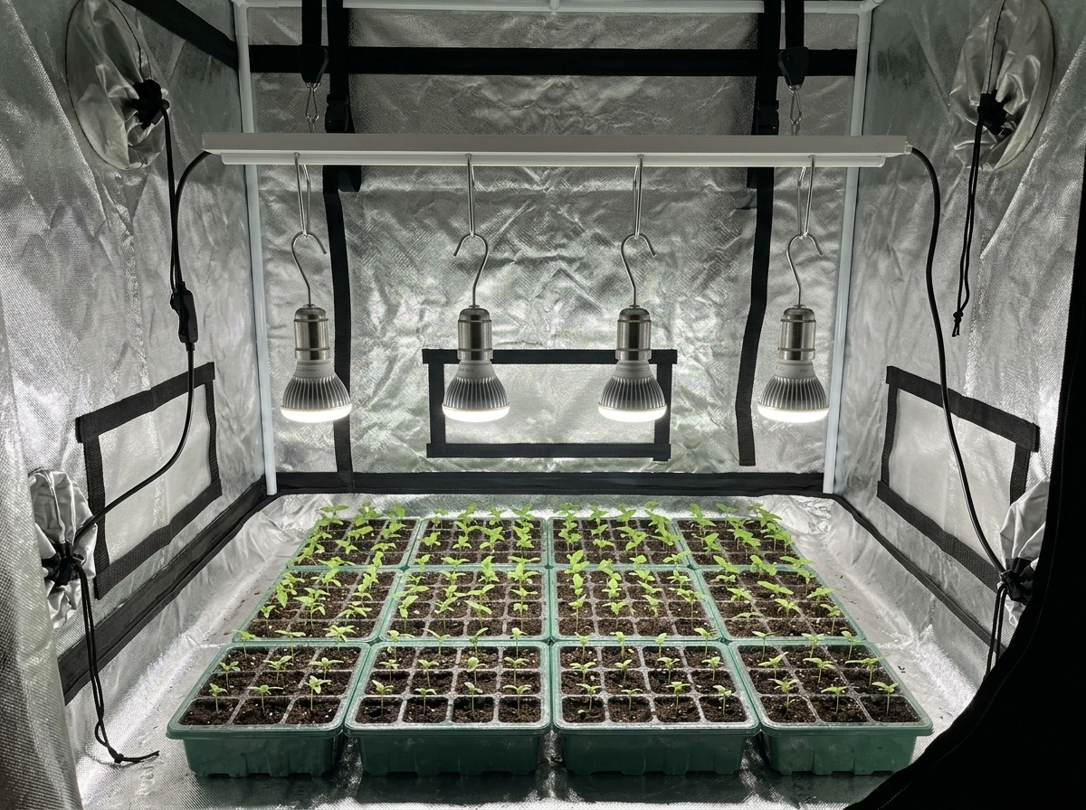 Compact 2x2 grow tent with multiple grow bulbs evenly spaced over seedlings