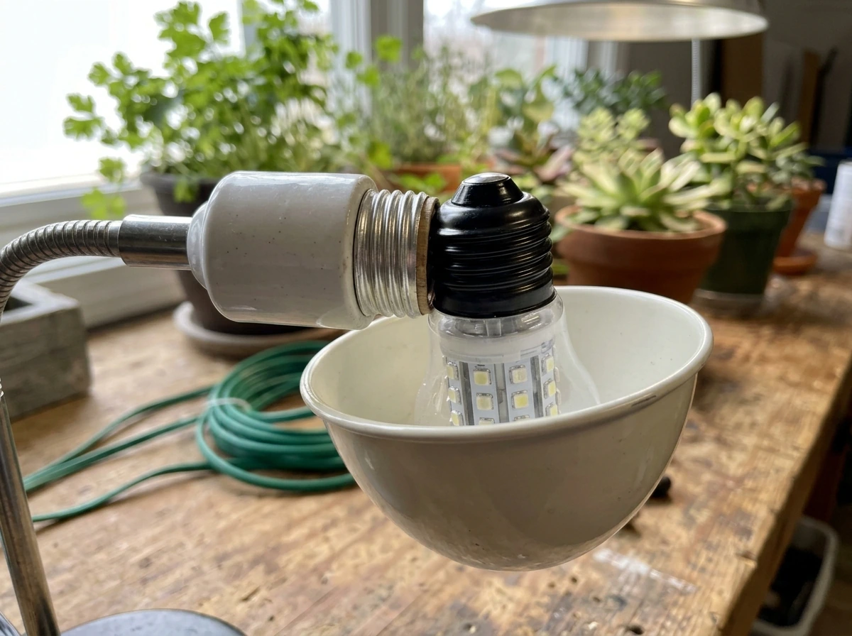 E26 socket base compatibility: LED grow bulb screwed into a standard lamp holder