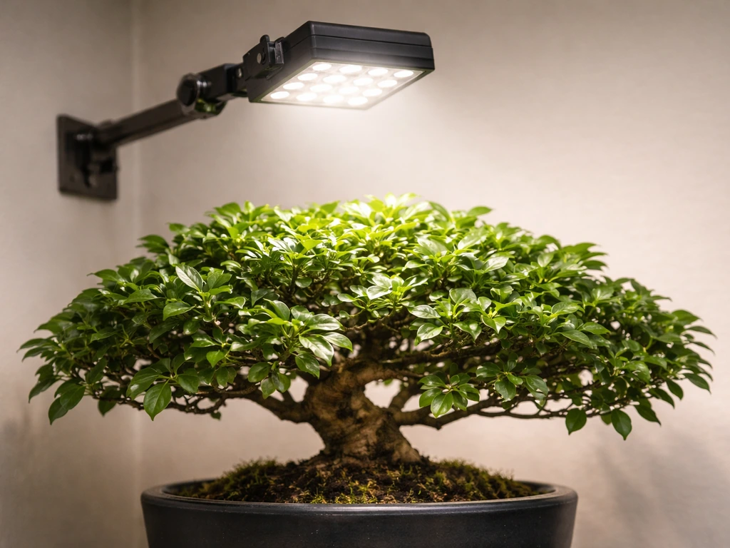 Close indoor bonsai canopy with a compact LED grow light mounted overhead, aimed at the leaves.