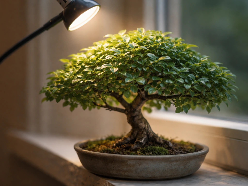 Close-up of a small bonsai under a focused grow light, showing how light hits the compact canopy.