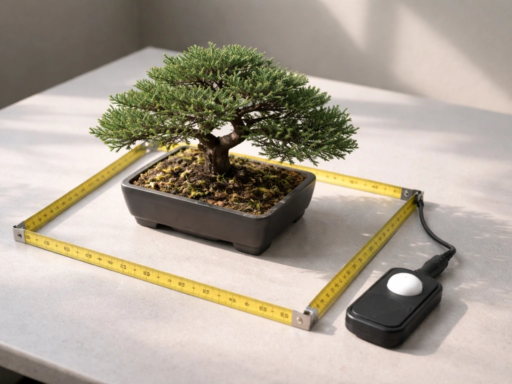 Close-up of a tape measure marking a small bonsai canopy area beside a light meter near plants