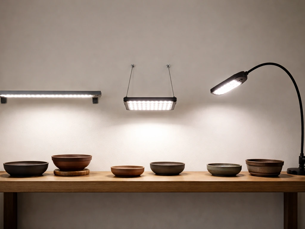 Three bonsai grow light fixtures side-by-side on a simple shelf: LED bar, small panel, and clip/arm setup.