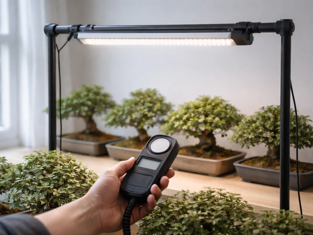 Adjustable LED bar aimed at bonsai canopy with a PPFD meter held at leaf level.