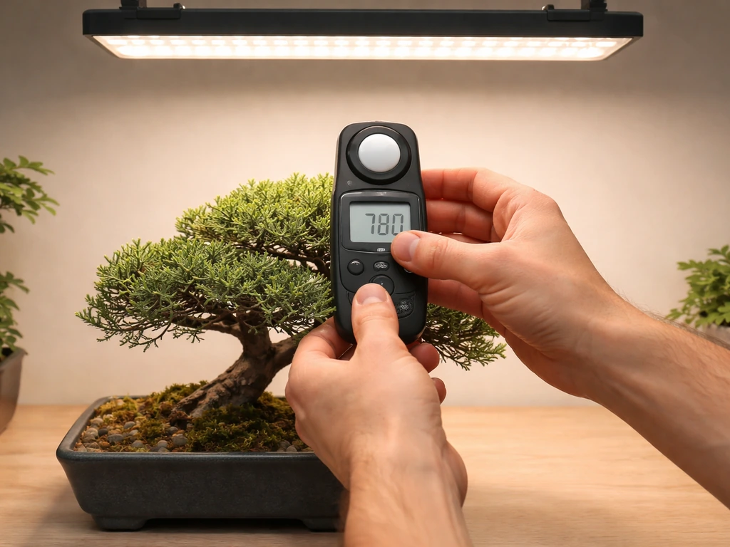 Gardener checks PPFD readings with a small light meter under LED grow fixtures in a minimal bonsai setup