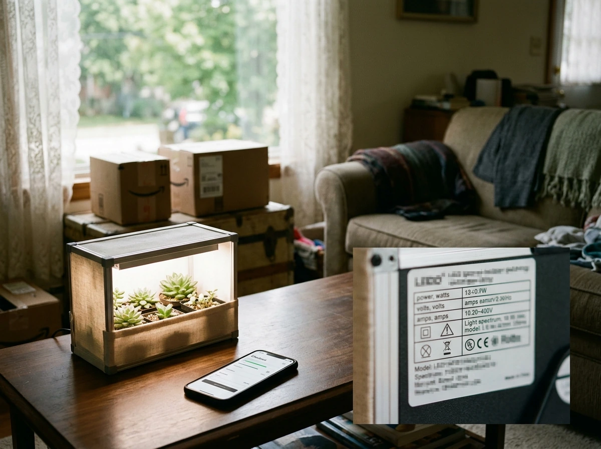 Online vs local shopping setup with LED grow light package and browsing phone checkout