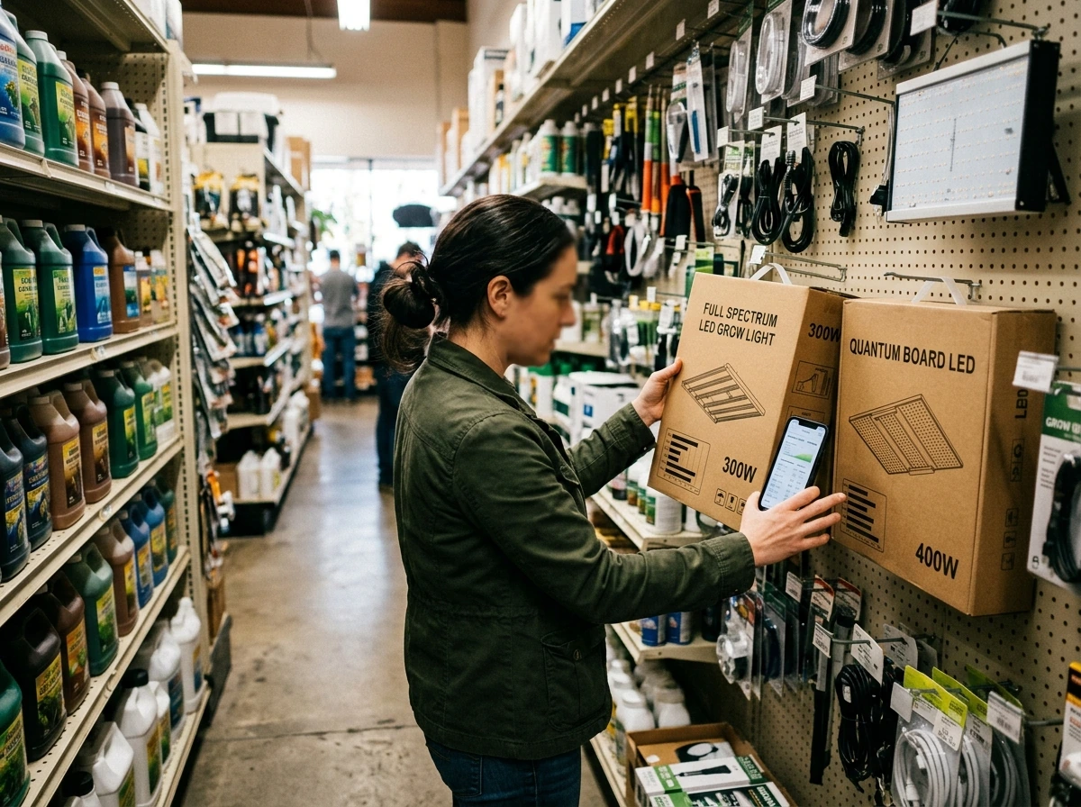 Comparing boxed LED grow lights in a hydroponics specialty store