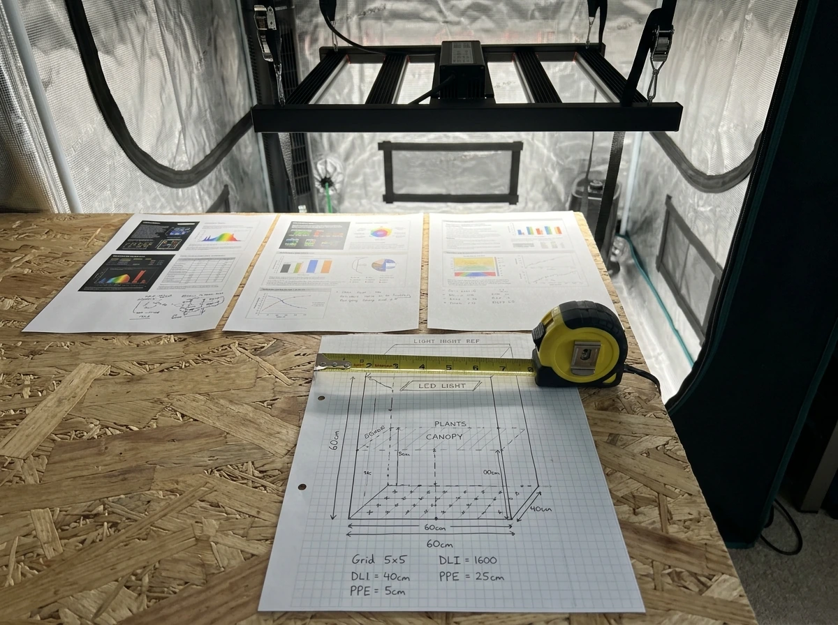 Quick checklist layout for buying LED grow lights with measurements and specs