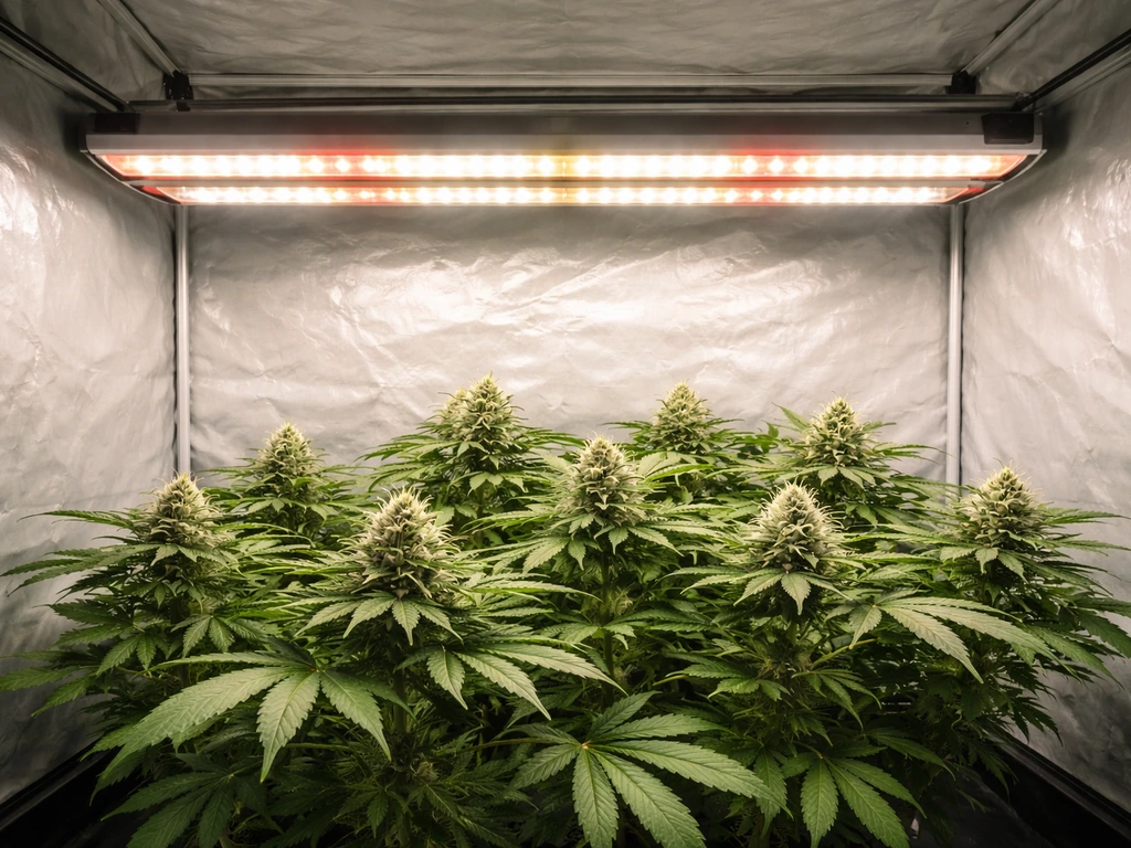 Full-spectrum 1000W LED bar glowing over flowering plants inside a grow tent with visible dimmer controls.