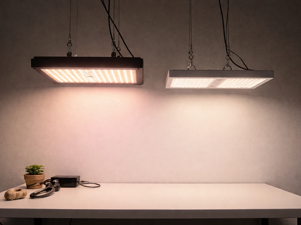 Two LED grow lights on a table, one brighter with wider light spread on a white wall.