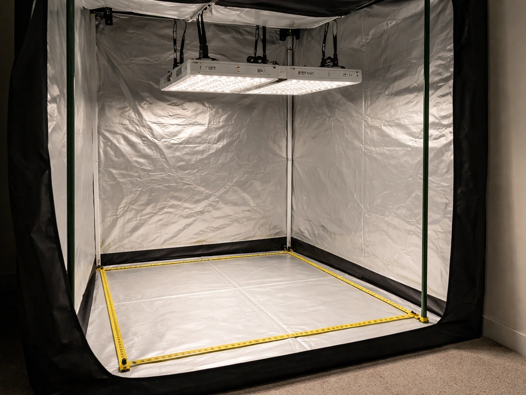 4x4 grow tent with a 1000W-class LED centered and a tape measure showing the measured footprint.