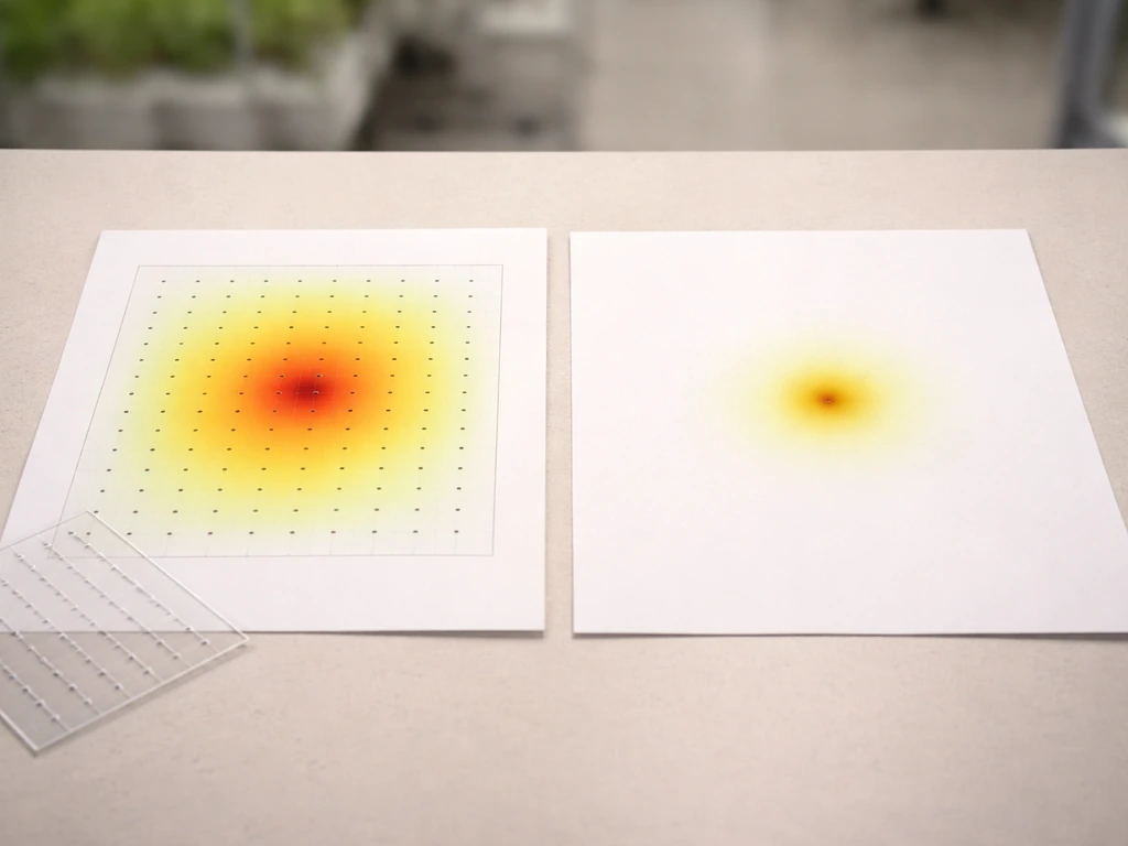Two side-by-side printouts on a desk: a multi-point PPFD grid map vs a single-center claim point.