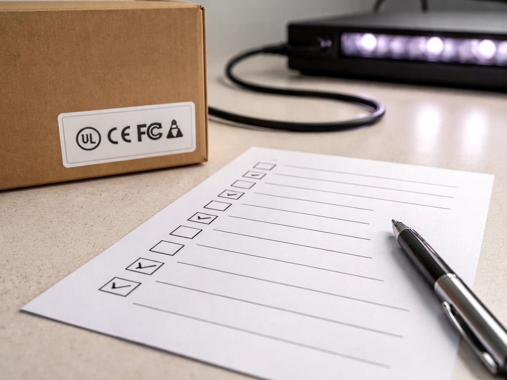Close-up of a printed checklist and grow-light spec materials with certification icons on a workbench.