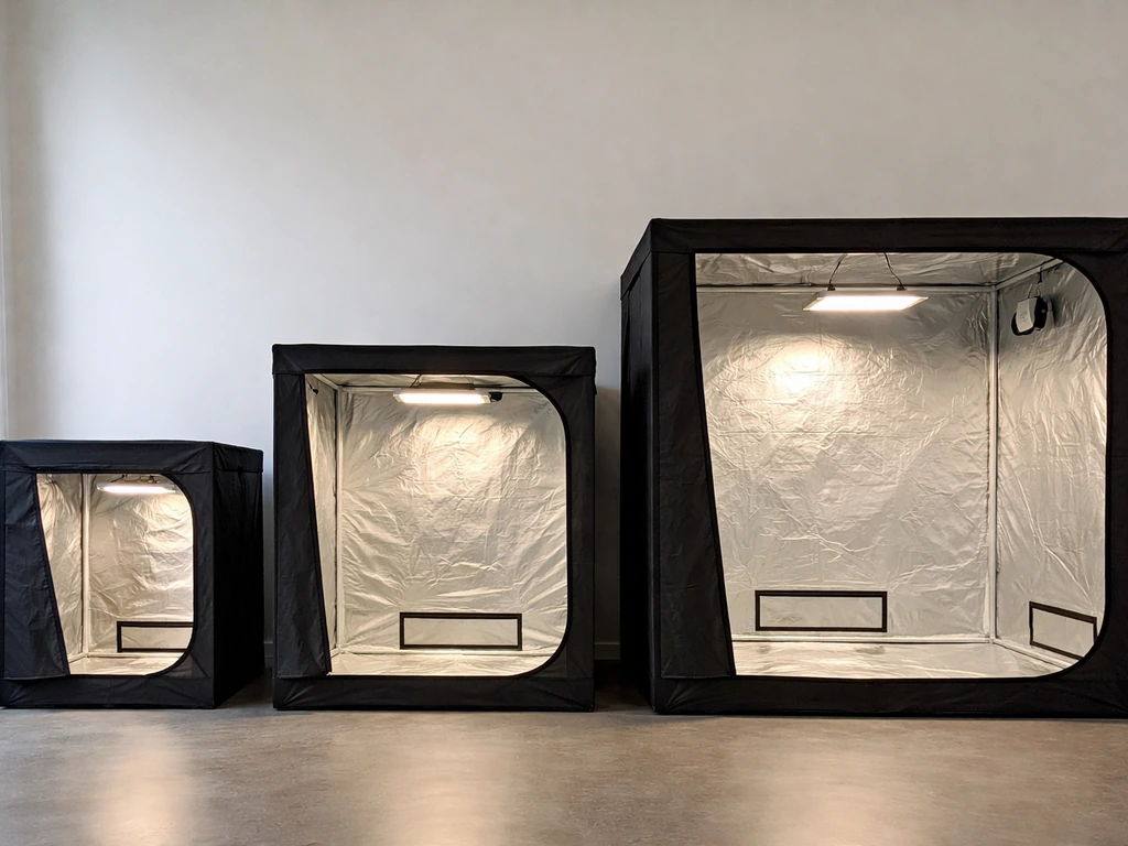 Three empty grow tents of different sizes with one hanging grow light above each, shown side-by-side.