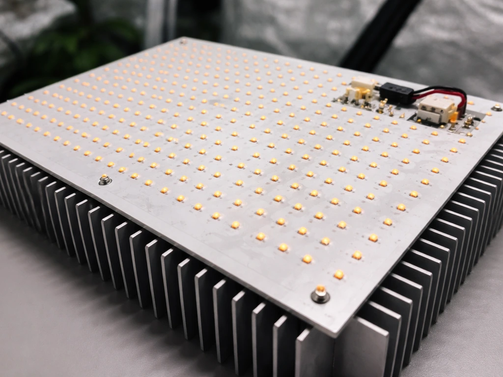 Close-up of a quantum board LED panel with dense diode array and visible heat sink fins.