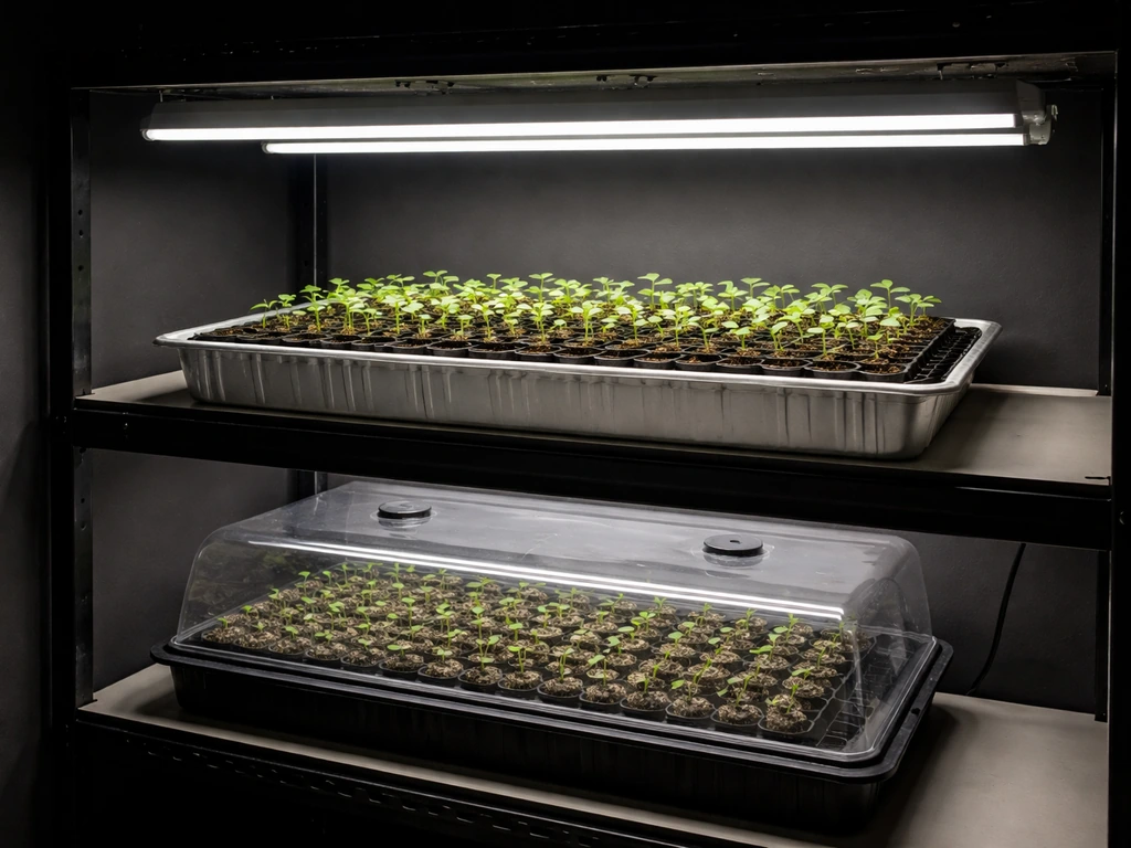 Seedling and cloning trays under shallow-canopy T5 LED replacement grow tubes in a simple indoor rack setup.