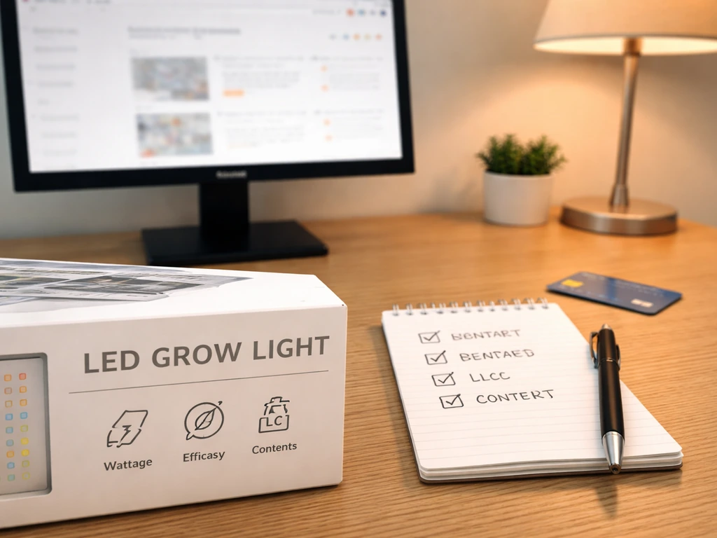 Desk with checklist and pen beside a monitor and an LED grow light box showing generic verification labels.