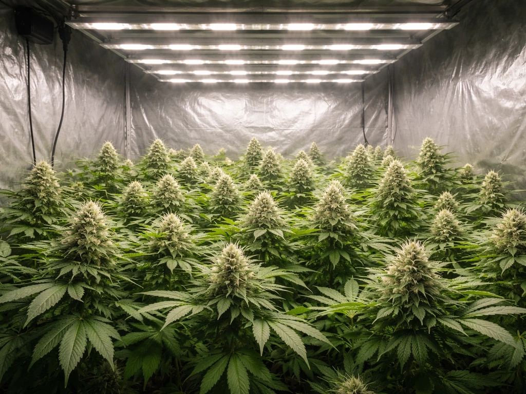 Dense healthy cannabis canopy in an indoor grow tent lit by evenly distributed LED grow lights