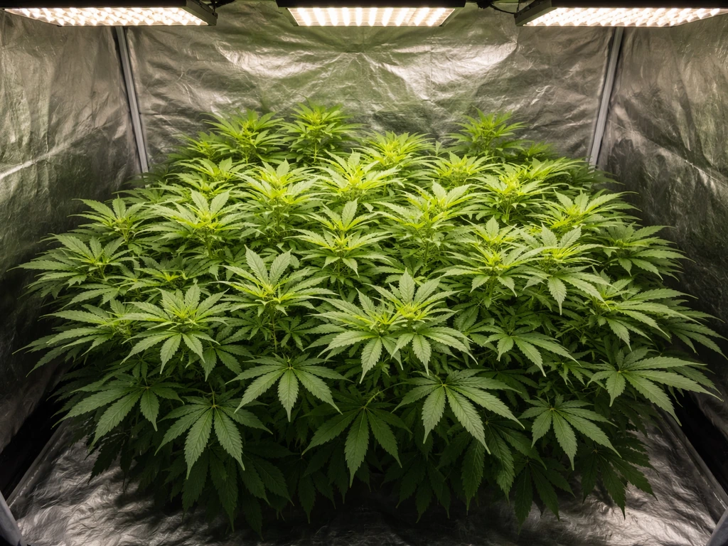 Overhead view of a simple plant grow canopy under grow lights with visible light pattern on leaves