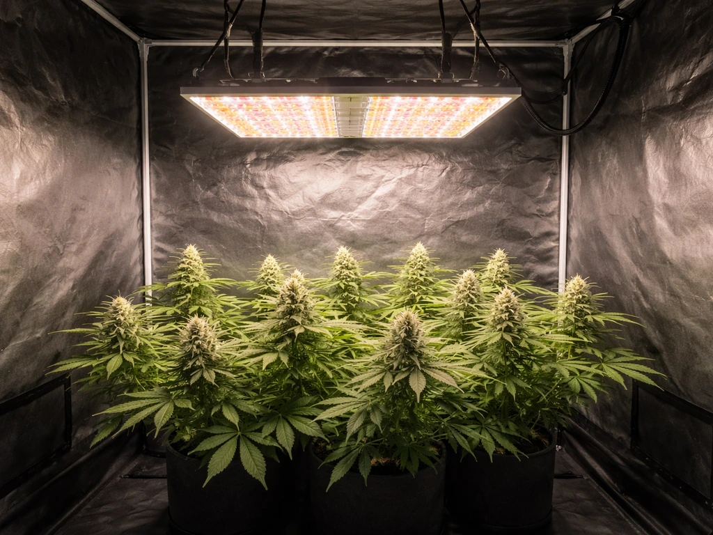 A small 4x4 grow tent with an LED panel mounted above plants, showing canopy coverage and edge dimming.