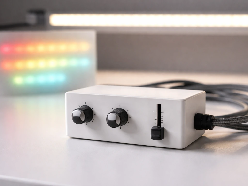 Close-up of an LED grow light control module with dimming knobs and colored light bands on acrylic.