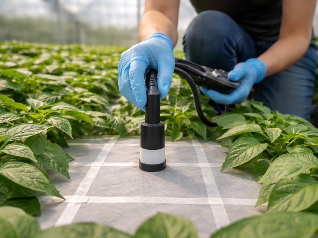 Gloved hands holding a quantum PPFD sensor measuring multiple points on a plant canopy grid