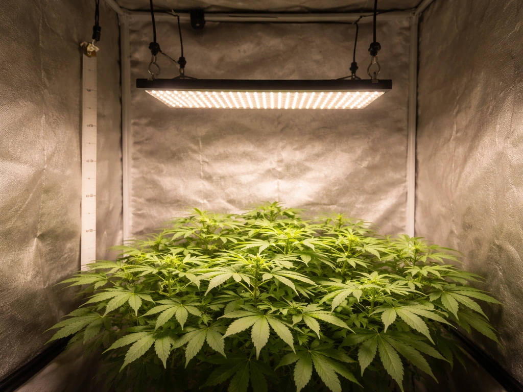 LED grow light suspended at measured height above leafy plant canopy inside a grow tent with simple distance markers