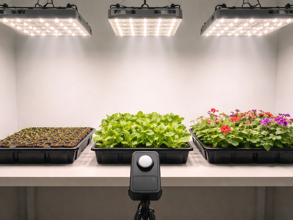 Seedlings, leafy greens, and flowering plants under grow lights with a simple light meter device