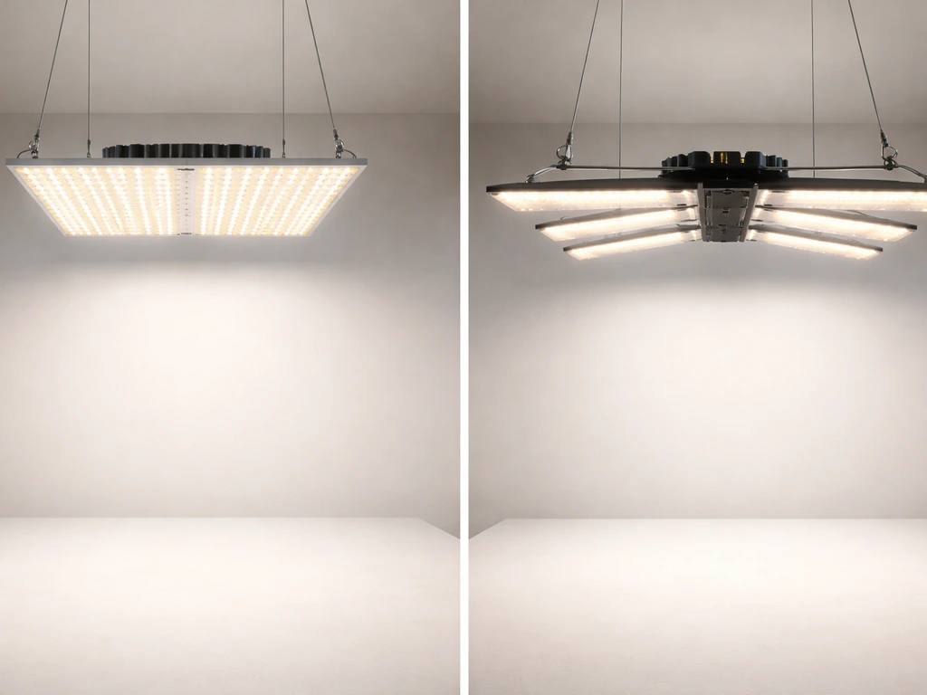 Quantum board LED fixture and a spread-style panel mounted above a dim canopy, showing wider coverage