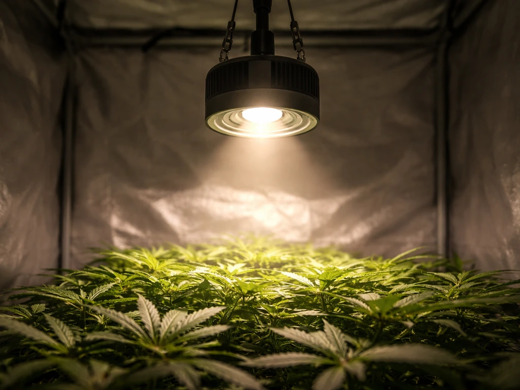Enclosed LED/COB-style grow light casting a tight bright hotspot onto leafy plant canopy