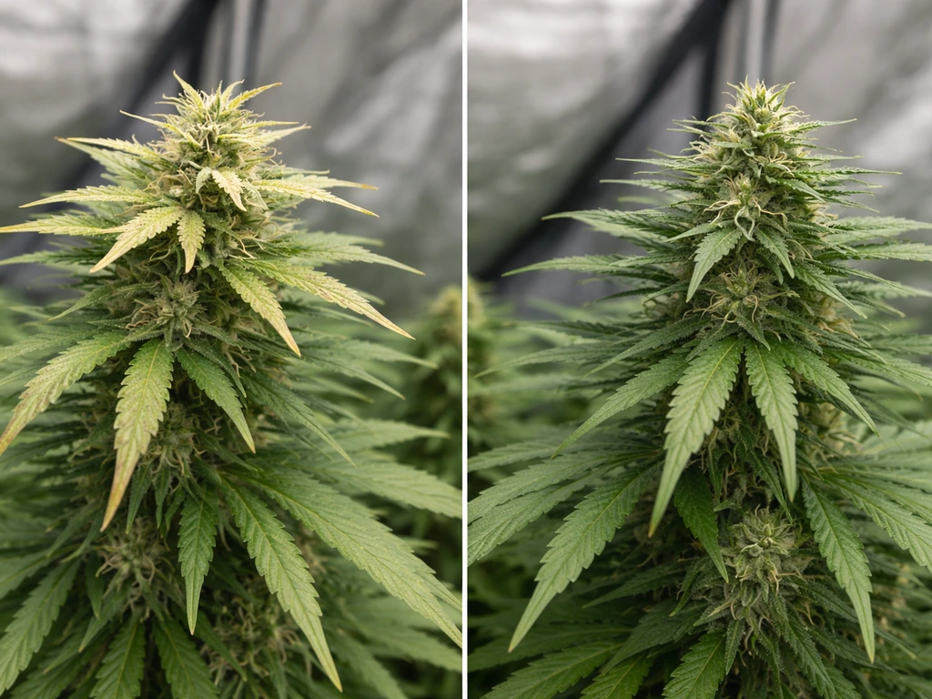 Close-up comparison of photobleached pale yellow leaf tips vs healthy green plant tissue nearby.