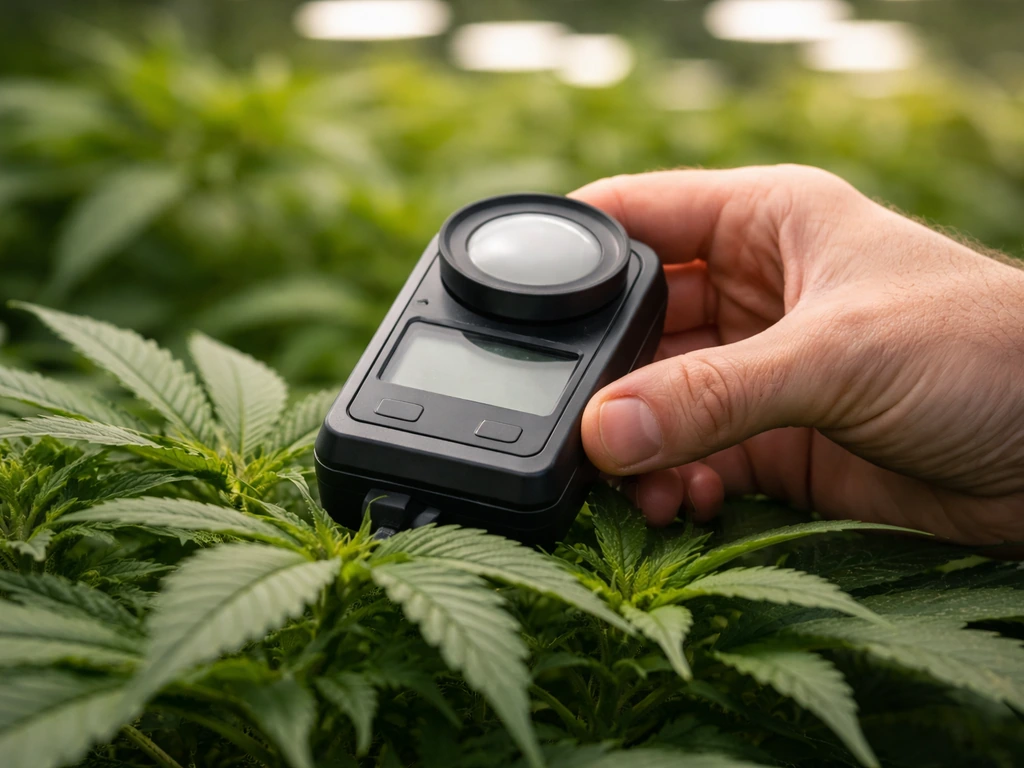 Handheld quantum PAR meter at leaf level over green grow leaves, measuring light at the canopy.